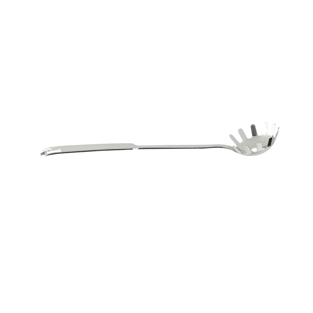 A stainless steel pasta grabber with a long handle and a rounded, claw-like bowl featuring evenly spaced prongs and a hole in the center, designed for serving pasta. This dishwasher safe utensil is shown on a plain white background.