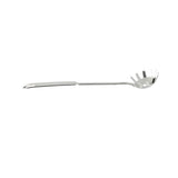 A stainless steel pasta grabber with a long handle and a rounded, claw-like bowl featuring evenly spaced prongs and a hole in the center, designed for serving pasta. This dishwasher safe utensil is shown on a plain white background.