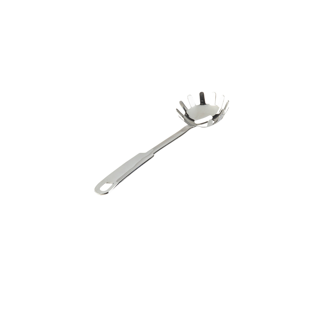 A stainless steel pasta grabber with a long handle and a slotted, rounded bowl featuring pronged edges. Dishwasher safe, the handle includes a hole for hanging, and the utensil is isolated on a white background.