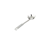 A stainless steel pasta grabber with a long handle and a slotted, rounded bowl featuring pronged edges. Dishwasher safe, the handle includes a hole for hanging, and the utensil is isolated on a white background.
