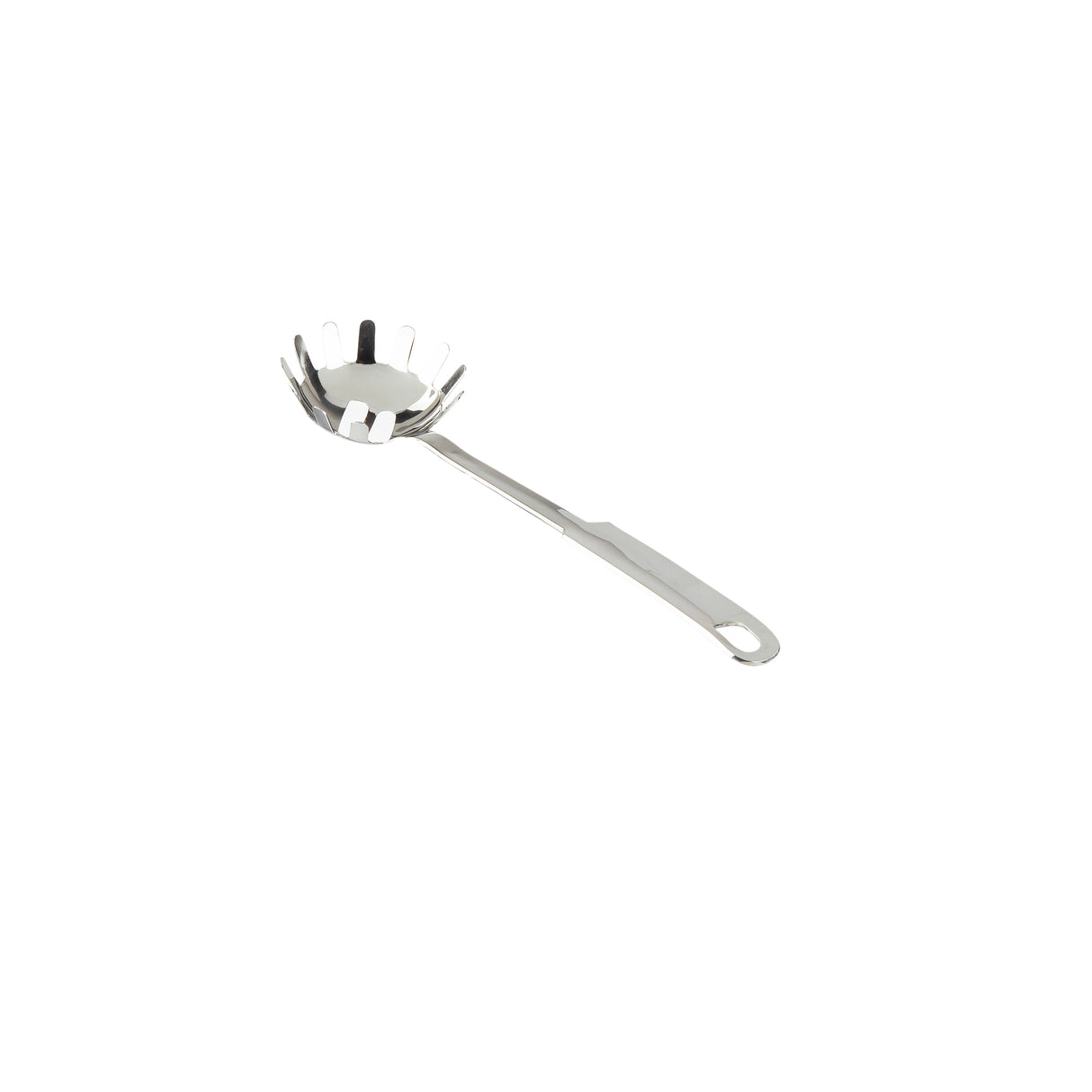 A stainless steel pasta grabber with a long handle and a round, slotted bowl featuring prongs for serving pasta. Dishwasher safe, the utensil has a hole for hanging and is pictured on a white background.