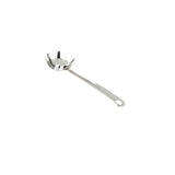 A stainless steel pasta grabber with a long handle and a round, slotted bowl featuring prongs for serving pasta. Dishwasher safe, the utensil has a hole for hanging and is pictured on a white background.