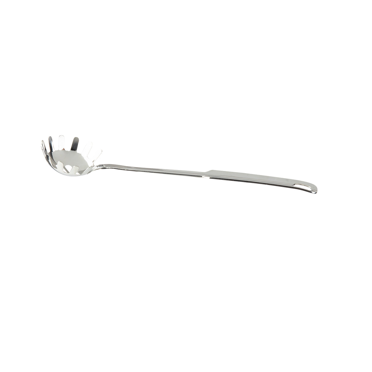A stainless steel pasta grabber with a long handle and a rounded, slotted bowl featuring prongs around the edge, designed for lifting and serving pasta. This dishwasher safe utensil is isolated on a white background.