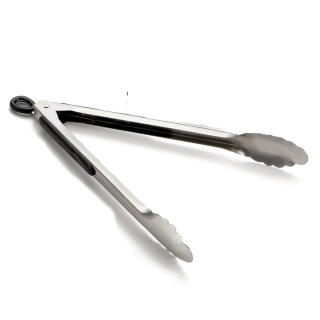A pair of stainless steel kitchen tongs with scalloped edges on the gripping ends and a black locking mechanism at the handle, shown open and angled on a white background.