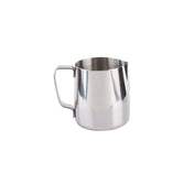 A shiny, stainless steel frothing cup with a flat base and a straight handle, isolated on a white background. The pitcher features a smooth surface and cylindrical shape, ideal for steaming or pouring milk—plus, it's dishwasher safe for easy cleaning.
