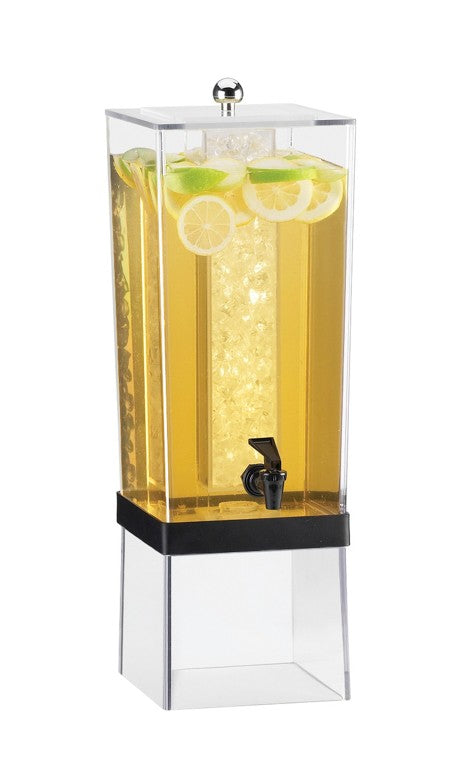A clear 3-gallon beverage dispenser filled with yellow lemonade, lemon slices, and mint. It features a central ice chamber to keep drinks cold, a black spigot on the front, and stands on a transparent base.