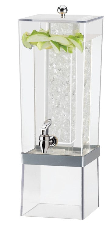 A tall, clear 3-gallon beverage dispenser filled with ice, featuring a chrome spigot at the front and green lettuce leaves as garnish along the inner top edge. The modern, angular design sits atop a matching clear base.