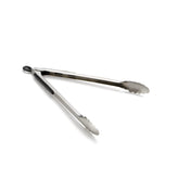 A pair of stainless steel locking tongs with scalloped edges is open and placed on a white background. Featuring a locking mechanism at the hinge, these ergonomic tongs reflect light, highlighting their sleek metallic finish.