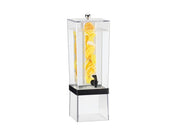 The Econo Beverage Dispenser is a clear, rectangular 3 gallon beverage dispenser filled with water. Its central infusion chamber holds sliced lemons and oranges. A black spigot at the base and a silver knob on the lid complete the design.