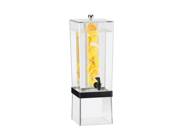 The Econo Beverage Dispenser is a clear, rectangular 3 gallon beverage dispenser filled with water. Its central infusion chamber holds sliced lemons and oranges. A black spigot at the base and a silver knob on the lid complete the design.