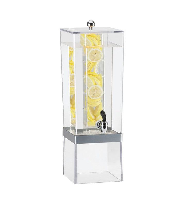 A tall, clear Econo Beverage Dispenser with a 3 gallon capacity is filled with water and stacked lemon slices. Featuring an infusion chamber and a silver spigot near the base, it sits atop a translucent stand against a plain white background.