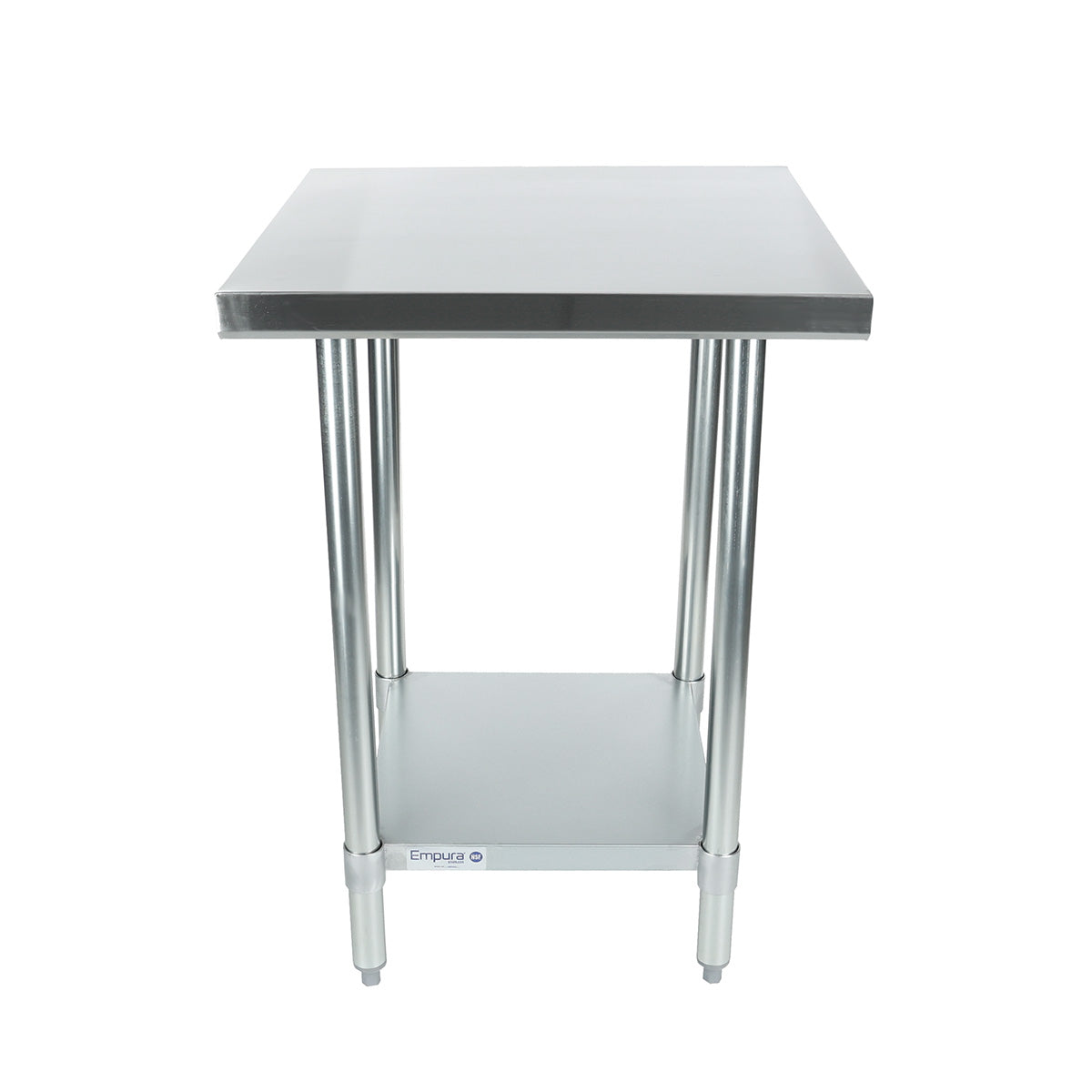 A sturdy NSF stainless steel work table with a flat top, four cylindrical legs, and a lower storage shelf. Its industrial design is perfect for kitchen or workshop use, with a plain white background highlighting the table’s structure.