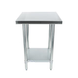 A sturdy NSF stainless steel work table with a flat top, four cylindrical legs, and a lower storage shelf. Its industrial design is perfect for kitchen or workshop use, with a plain white background highlighting the table’s structure.