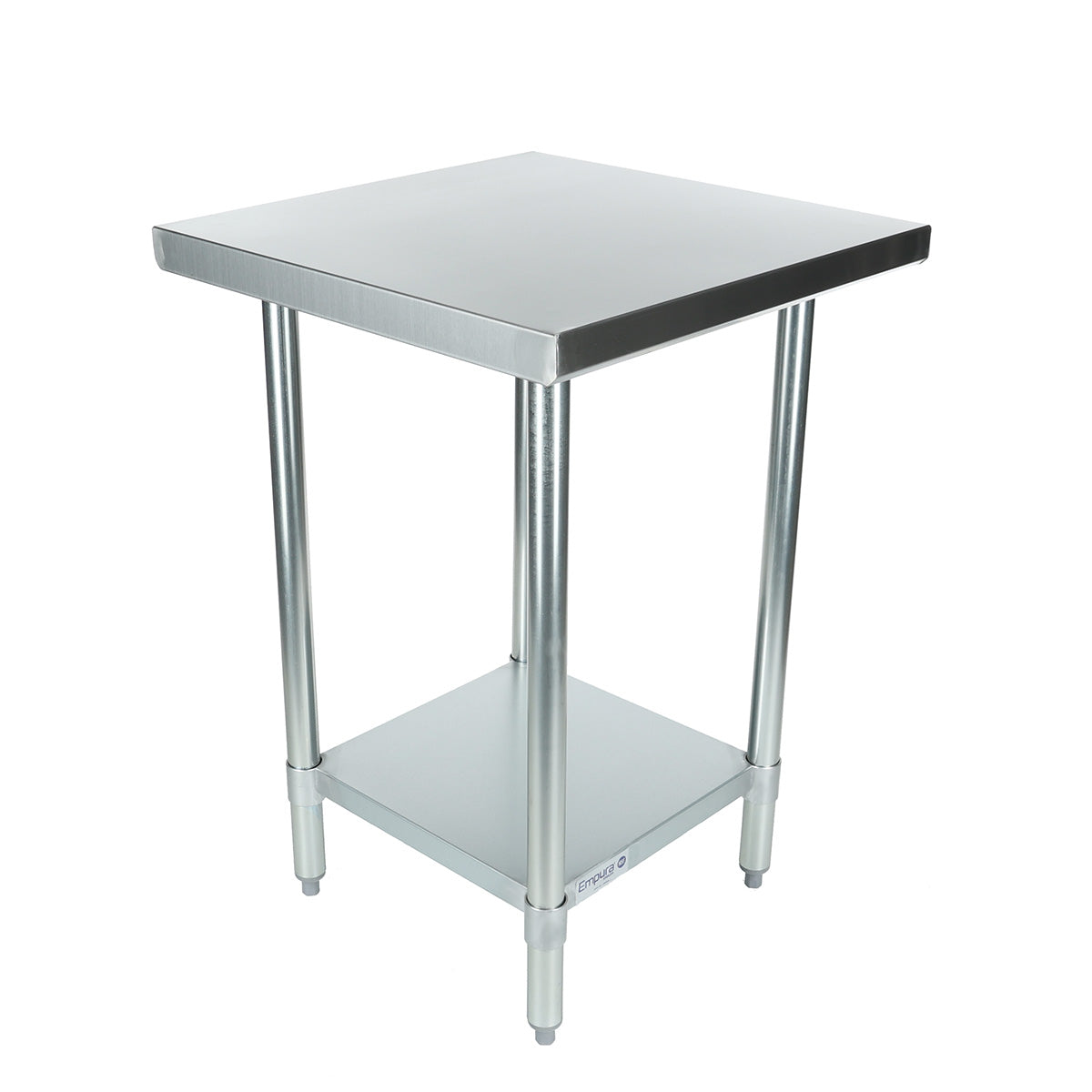 An NSF stainless steel work table with a square top, four cylindrical legs, and a lower shelf. The minimal, industrial design suits kitchens or workshops. Its smooth, reflective surface and adjustable feet offer both style and practicality.