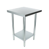 An NSF stainless steel work table with a square top, four cylindrical legs, and a lower shelf. The minimal, industrial design suits kitchens or workshops. Its smooth, reflective surface and adjustable feet offer both style and practicality.