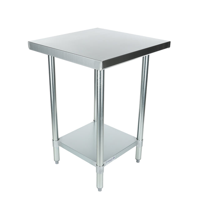 An NSF stainless steel work table with a square top, four cylindrical legs, and a lower shelf. The minimal, industrial design suits kitchens or workshops. Its smooth, reflective surface and adjustable feet offer both style and practicality.