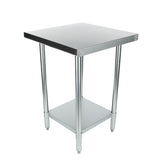 This NSF stainless steel work table features a square top, four round legs, and a lower flat shelf. Its simple, functional design includes a smooth metallic surface and adjustable feet for stability.