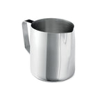 A shiny stainless steel Frothing cup with a flat base, smooth sides, and a sturdy angular handle. The 24 oz pitcher is empty, its reflective surface showing a subtle distorted reflection. It is photographed on a white background.