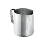 A shiny stainless steel Frothing cup with a flat base, smooth sides, and a sturdy angular handle. The 24 oz pitcher is empty, its reflective surface showing a subtle distorted reflection. It is photographed on a white background.
