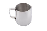 A 24 oz stainless steel frothing cup with a wide opening, curved spout, and sturdy handle, shown from a top angled view on a white background. The pitcher features a brushed metal finish inside and out.