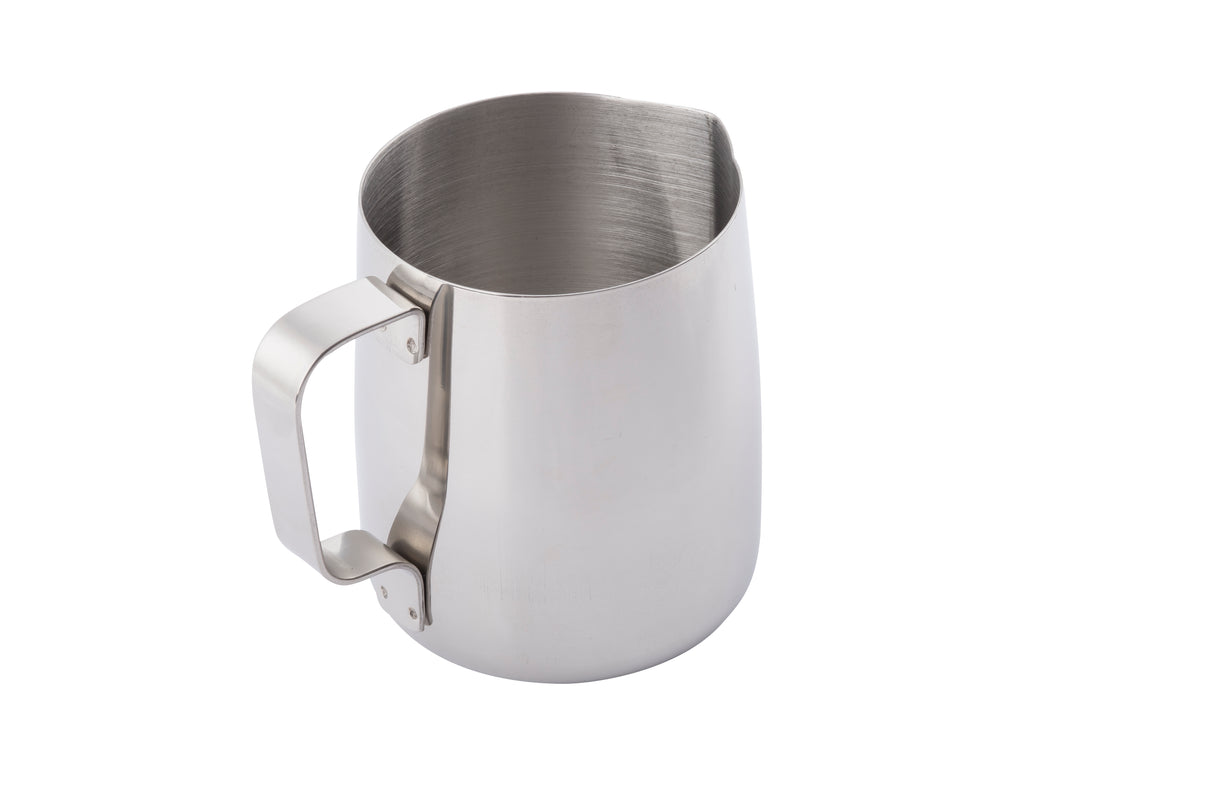 A 24 oz stainless steel frothing cup with a sturdy handle and small pouring spout, shown on a white background. The pitcher is empty and clean, designed for steaming or pouring milk.