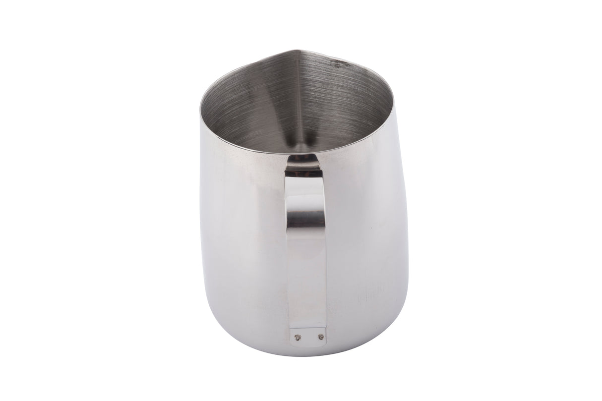 A 24 oz stainless steel frothing cup with a wide cylindrical body, a small spout for pouring, and a flat side handle. The shiny surface gives it a sleek look, and the pitcher is photographed against a white background.