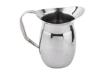 A shiny Bell Water Pitcher with a wide spout and sturdy handle. This stainless steel pitcher features a reflective surface and rounded body, and is shown on a white background. It’s also a dishwasher safe pitcher for easy cleaning.