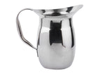 A shiny Bell Water Pitcher with a curved spout and sturdy handle is shown against a white background. The highly reflective, stainless steel pitcher boasts a modern, sleek design with smooth lines and is easy to clean as a dishwasher safe pitcher.