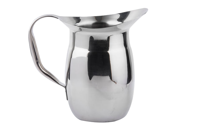 A shiny Bell Water Pitcher with a curved spout and sturdy handle is shown against a white background. The highly reflective, stainless steel pitcher boasts a modern, sleek design with smooth lines and is easy to clean as a dishwasher safe pitcher.