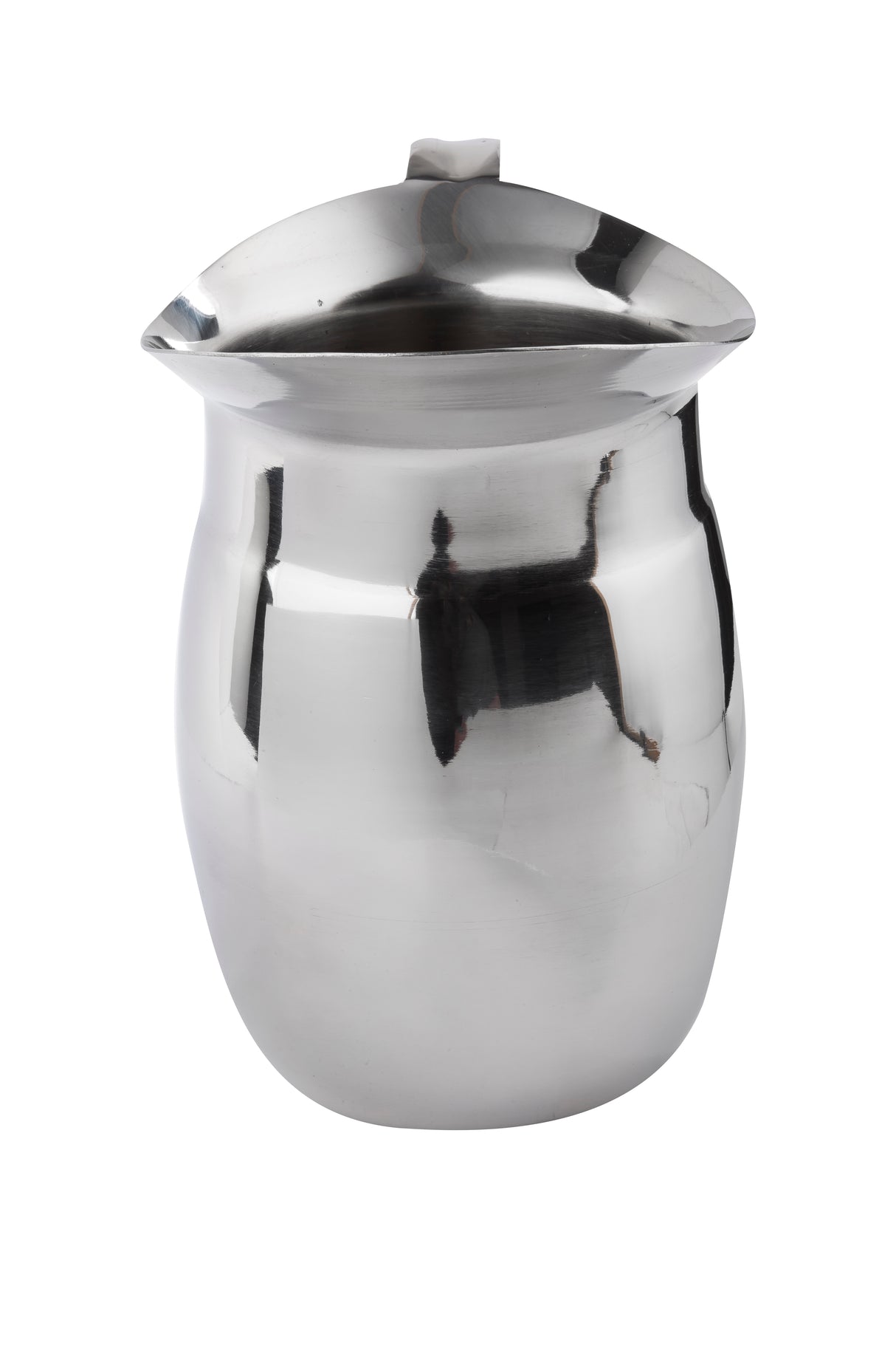 A shiny, stainless steel pitcher with a wide, rounded body and a pouring spout. Featuring a smooth, reflective surface and a small handle at the back, this dishwasher safe pitcher is shown against a plain white background.