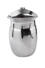 A shiny, stainless steel pitcher with a wide, rounded body and a pouring spout. Featuring a smooth, reflective surface and a small handle at the back, this dishwasher safe pitcher is shown against a plain white background.