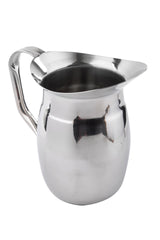 A shiny Bell Water Pitcher with a wide, rounded body, sturdy handle, and pronounced spout. This stainless steel pitcher is dishwasher safe, featuring a reflective surface with subtle highlights and shadows against a plain white background.