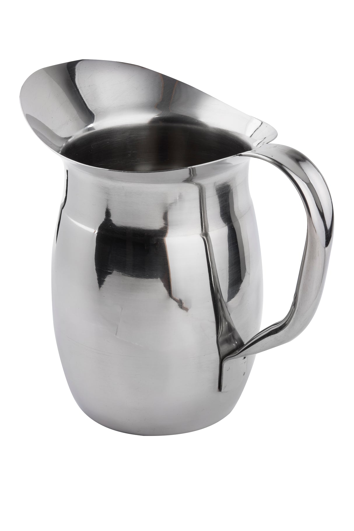 A reflective Bell Water Pitcher with a rounded body, wide spout, and sturdy handle. This stainless steel pitcher has a seamless, shiny surface and is positioned against a plain white background. Its spout is slightly extended for easy pouring.
