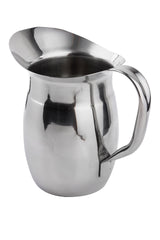 A reflective Bell Water Pitcher with a rounded body, wide spout, and sturdy handle. This stainless steel pitcher has a seamless, shiny surface and is positioned against a plain white background. Its spout is slightly extended for easy pouring.