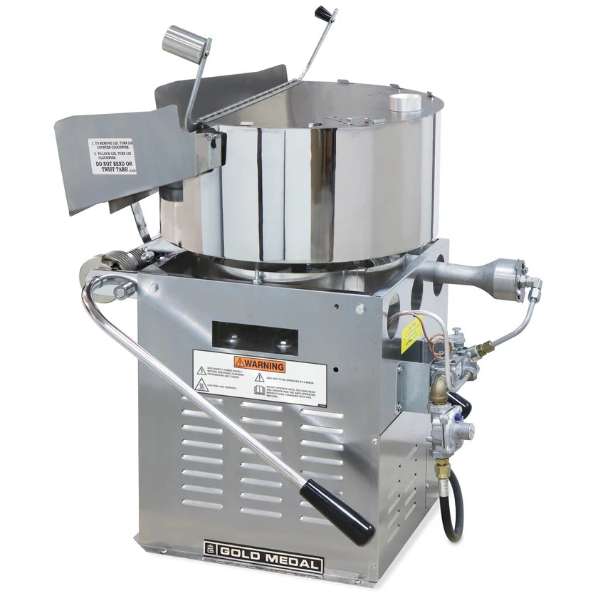 A commercial stainless steel Jumbo 360 Popper kettle corn popper with a large round pot, control levers, safety labels, and a Gold Medal logo. Features metal pipes and knobs in an open design that reveals its internal components.