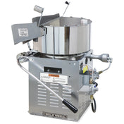 A commercial stainless steel Jumbo 360 Popper kettle corn popper with a large round pot, control levers, safety labels, and a Gold Medal logo. Features metal pipes and knobs in an open design that reveals its internal components.