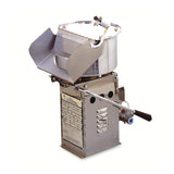 A silver Gold Medal Products 12-16-oz Popcorn Machine with a metal base, cylindrical popping kettle on top, vented side panel, and front chute for dispensing popcorn. A lever on the side tilts the kettle to release popped corn.
