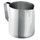 A shiny 36 oz stainless steel frothing cup with a handle and small spout. Its smooth, reflective surface and cylindrical shape are perfect for steaming milk or pouring latte art. The background is plain white.