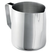 A shiny 36 oz stainless steel frothing cup with a handle and small spout. Its smooth, reflective surface and cylindrical shape are perfect for steaming milk or pouring latte art. The background is plain white.