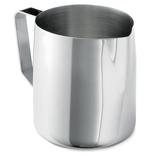 A shiny 36 oz stainless steel frothing cup with a handle and small spout. Its smooth, reflective surface and cylindrical shape are perfect for steaming milk or pouring latte art. The background is plain white.