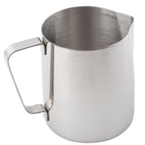 A 36 oz stainless steel frothing cup with a wide cylindrical body, an open top, a prominent angled handle on one side, and a spout for pouring on the opposite side. The smooth metal surface is highly reflective.