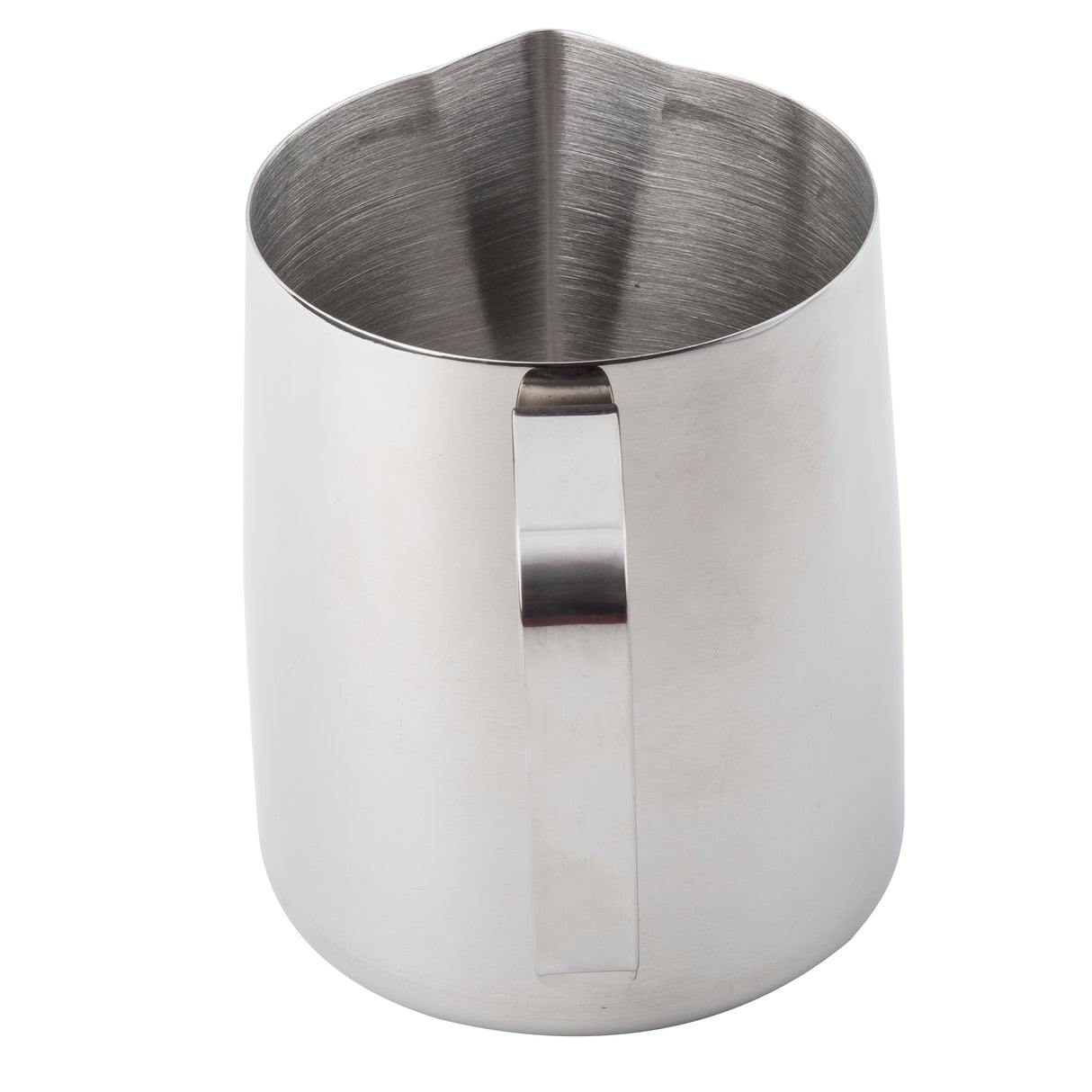 A stainless steel frothing cup with a smooth, cylindrical body, a straight handle, and a spouted rim for pouring is shown against a white background. The 36 oz interior features a brushed metal texture.