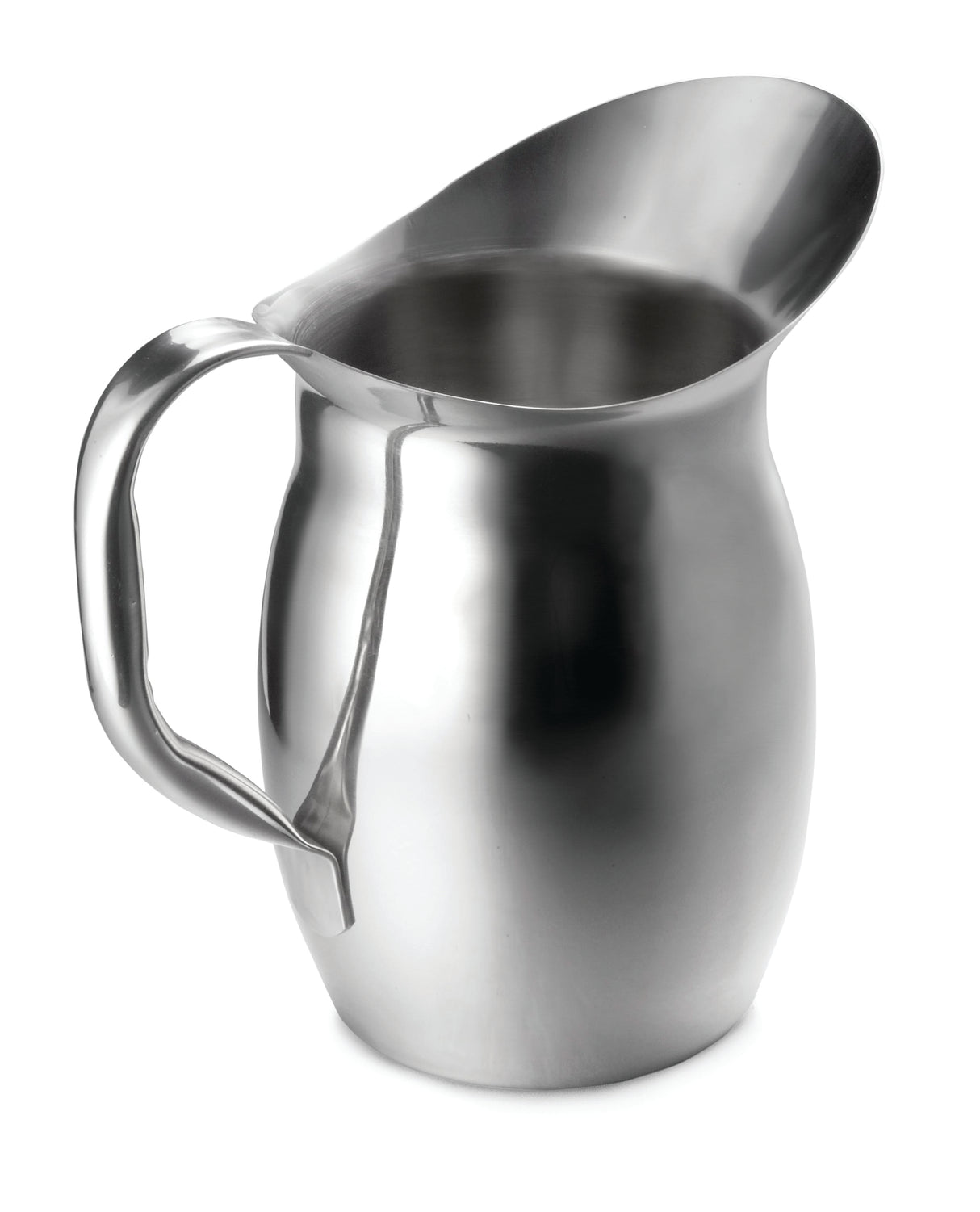 A shiny, stainless steel pitcher with a smooth, rounded body, wide open spout, and sturdy handle. This Bell Water Pitcher boasts a modern design, reflective surface, and is dishwasher safe, set against a plain white background.