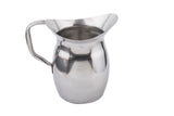 A shiny Bell Water Pitcher with a curved handle and wide, flared spout sits on a white background. This stainless steel pitcher features a reflective surface and rounded body, tapering at the top. It appears empty, clean, and dishwasher safe.