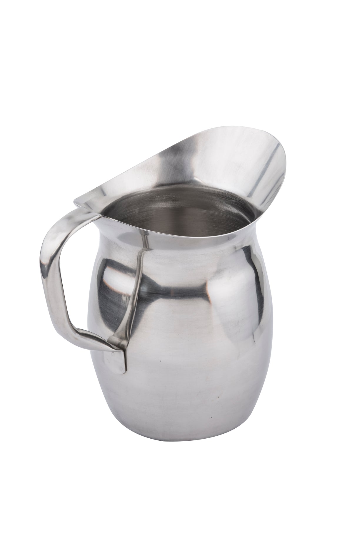 A shiny, silver Bell Water Pitcher with a wide spout and sturdy handle is set against a plain white background. This stainless steel pitcher features a rounded body, slightly flared rim, and is dishwasher safe for easy cleaning.