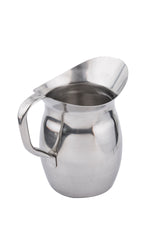 A shiny, silver Bell Water Pitcher with a wide spout and sturdy handle is set against a plain white background. This stainless steel pitcher features a rounded body, slightly flared rim, and is dishwasher safe for easy cleaning.