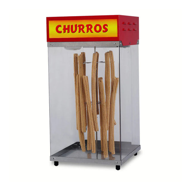 A glass churros merchandiser with a red and yellow “CHURROS” sign at the top. Inside, long golden-brown churros stand upright on a rotating rack. The lighted cabinet features a metal base, black feet, and is set against a plain white background.