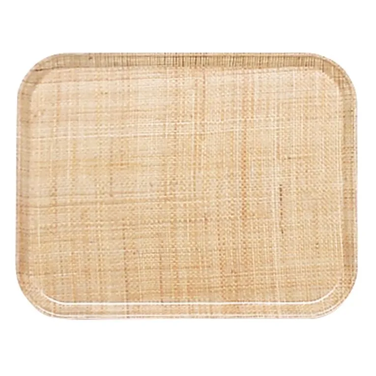 A rectangular Camtray with rounded corners, featuring a light tan, woven wicker or rattan texture. The smooth, slightly glossy surface offers a simple, natural design—plus, this high-impact fiberglass tray is dishwasher safe for easy cleaning.
