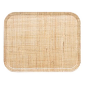 A rectangular Camtray with rounded corners, featuring a light tan, woven wicker or rattan texture. The smooth, slightly glossy surface offers a simple, natural design—plus, this high-impact fiberglass tray is dishwasher safe for easy cleaning.