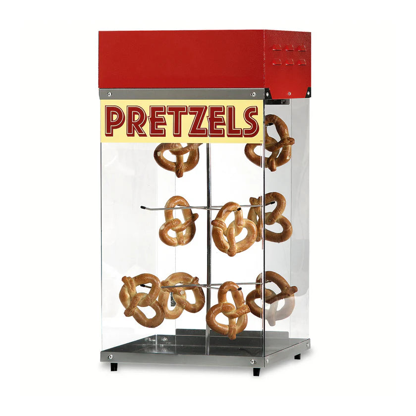 A countertop pretzel display case with a red top labeled PRETZELS features nine large, golden-brown soft pretzels on a motorized pretzel rack, visible through the clear front and sides of the case.